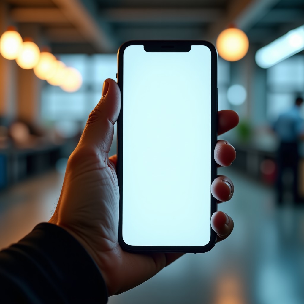 A close-up shot of a hand holding a sleek smartphone displaying a minimalist and clean AI chatbot interface. The screen shows a sophisticated text bubble. The background is a blurred high-tech lab. Realistic photography, warm lighting. 4:3