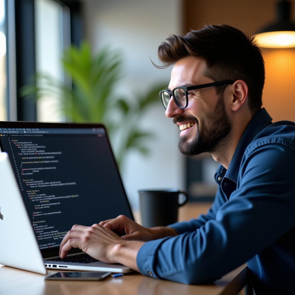 A professional developer looking at a laptop screen with clean lines of code, soft natural office lighting, smiling slightly, representation of ease of integration, 4:3