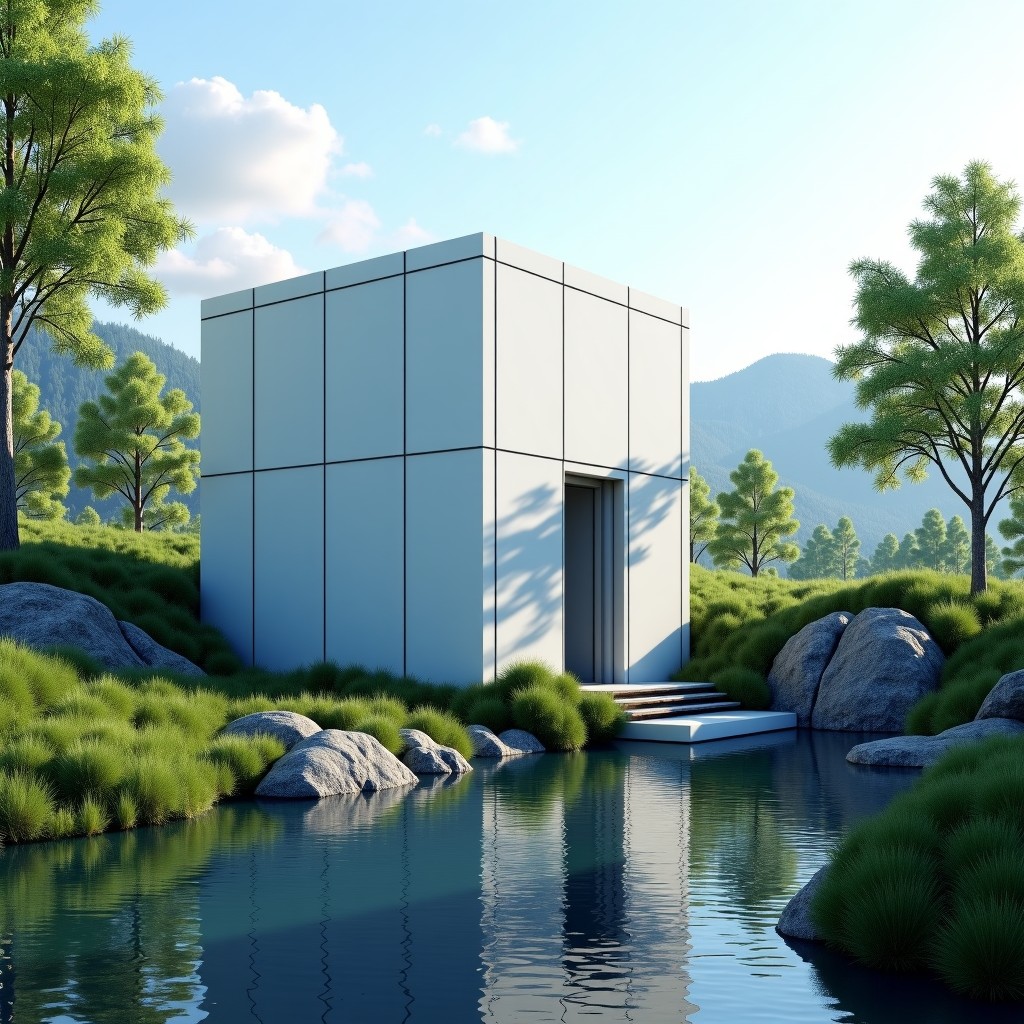 A clean and modern small modular nuclear reactor facility in a natural environment, high contrast, 4:3