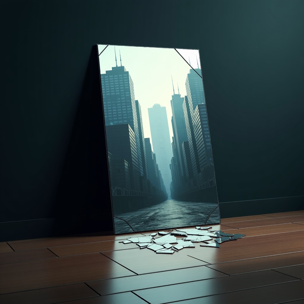 A shattered mirror on a wooden floor reflecting a distorted modern city landscape, moody lighting, high resolution, realistic textures, 4:3