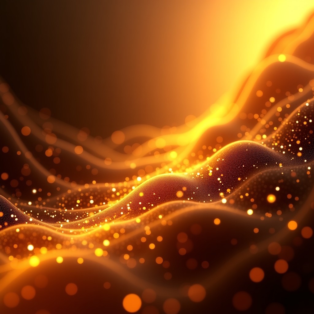 A fluid and dynamic abstract background with glowing particles flowing in a stream. Representing constant evolution and data flow. Warm golden and deep bronze colors. Textured background 4:3