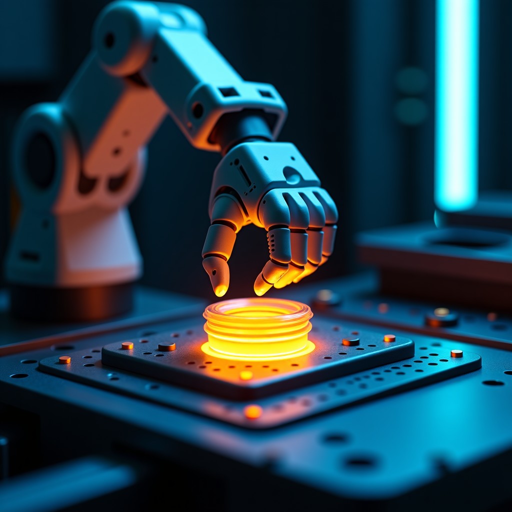 A close up shot of a robotic arm replacing an old glowing orange core with a new sleek blue core inside a futuristic machine. High contrast visual. Technical and clean composition. 4:3