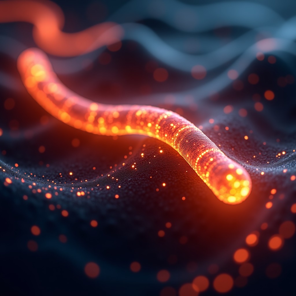 Abstract representation of a digital virus or worm spreading through a glowing neural network, bright orange highlights against a dark background, cinematic lighting, 1:1