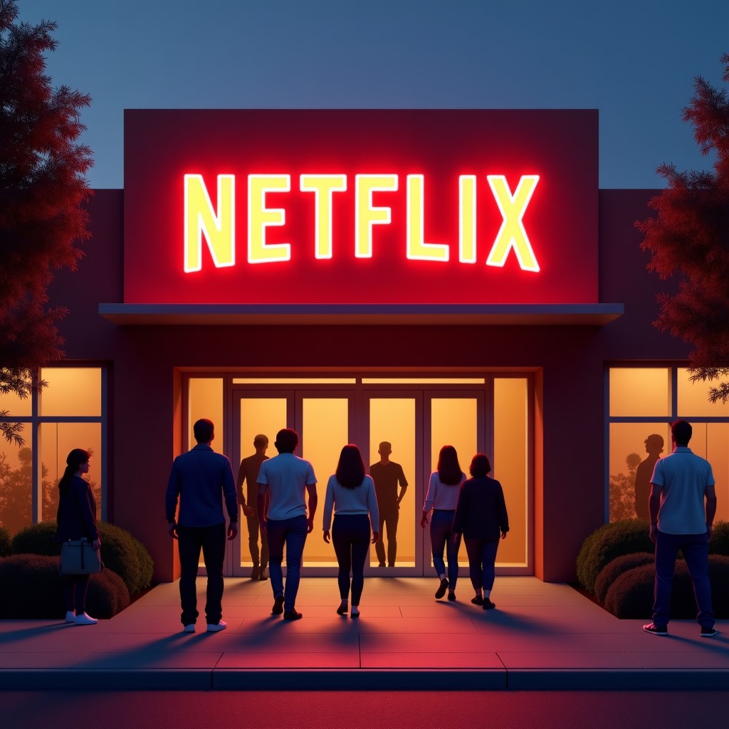 A lifestyle photography of a modern cinema entrance with a Netflix neon sign, people walking in, warm evening atmosphere, cinematic lighting, 4:3