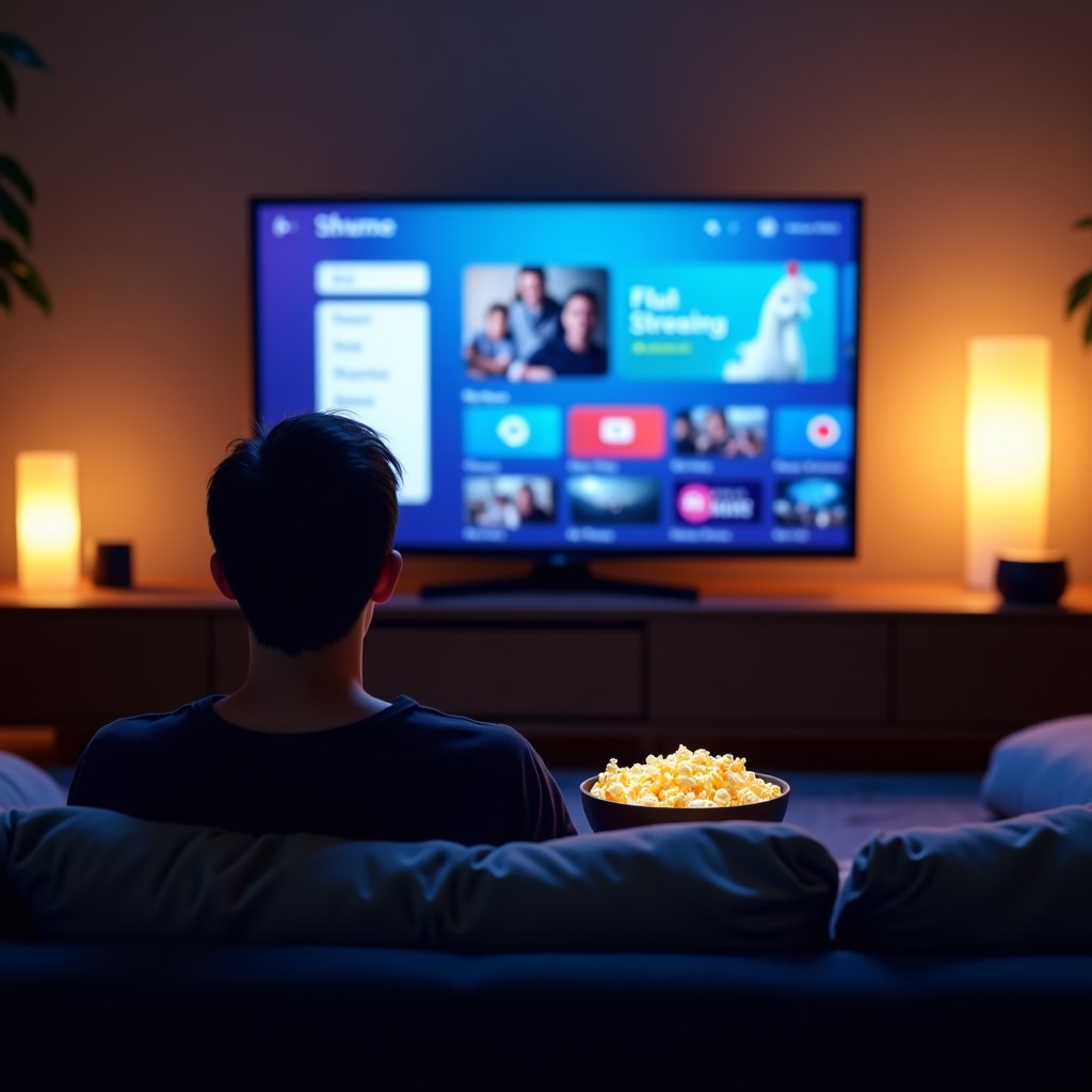 A modern and cozy living room at night with a large high-definition television showing a streaming service interface. A person is sitting on a comfortable sofa with a bowl of popcorn, soft ambient lighting in the room, cinematic atmosphere, 4:3
