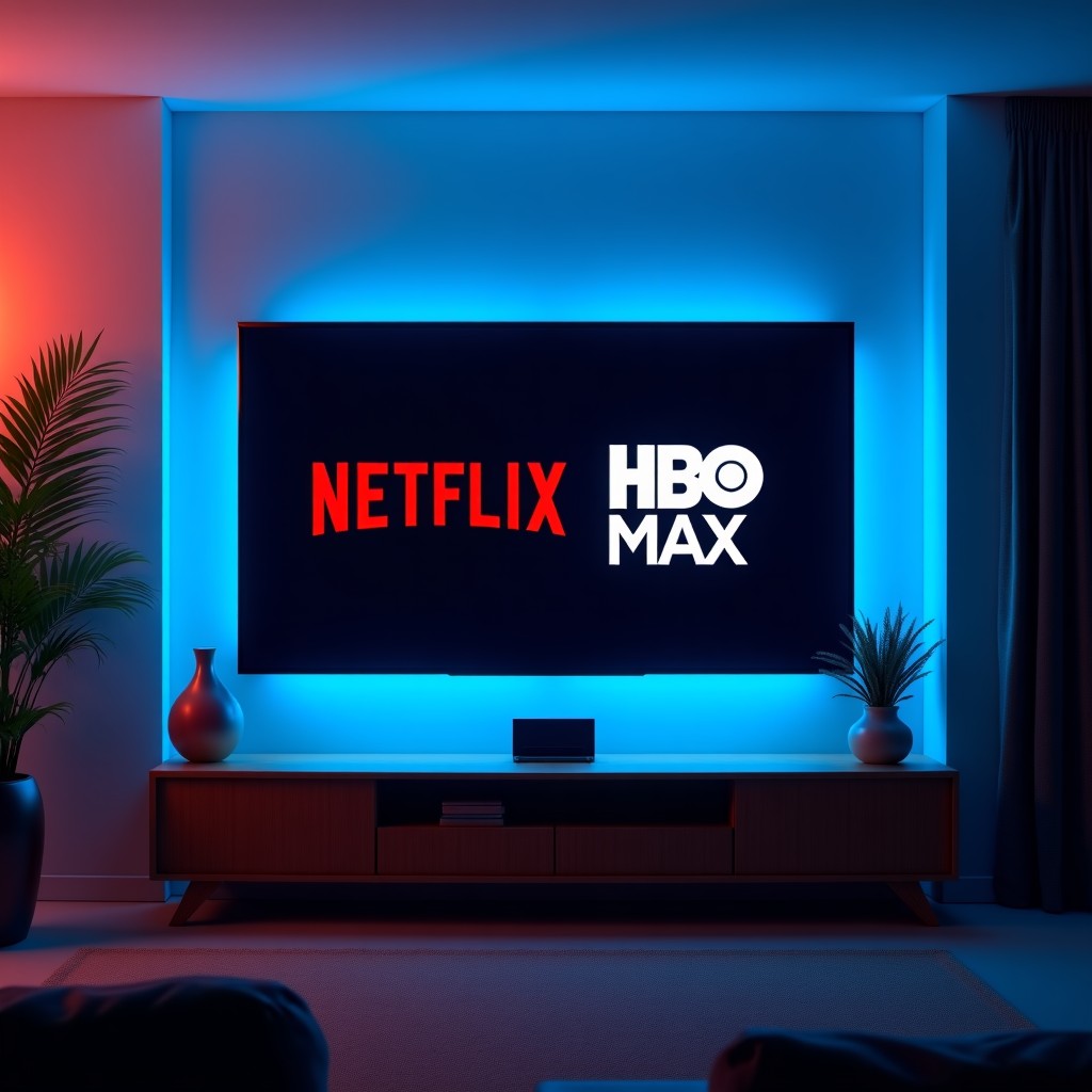 A sleek and modern living room with a large high-definition TV screen showing a conceptual fusion of Netflix and HBO Max branding. The lighting is cozy and cinematic, with soft ambient blue and red glows. 4:3