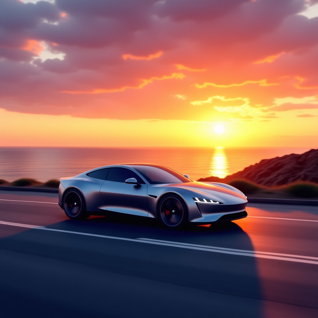 A sleek modern electric car driving on a coastal road during a beautiful sunset, vibrant orange and purple sky, high-speed motion blur on the wheels, clean and sophisticated composition, 4:3
