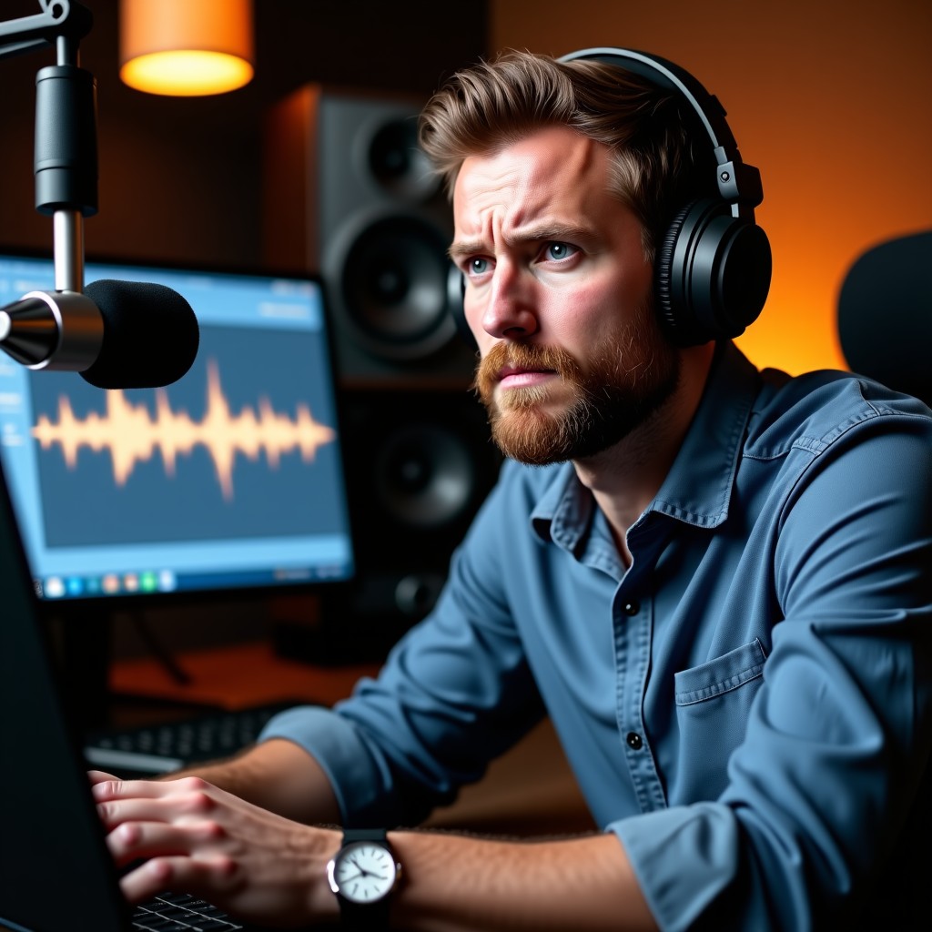 A professional male radio host sitting in a modern studio, looking confused while staring at a laptop displaying digital sound waves, high-quality photography, warm studio lighting, professional condenser microphone in foreground. 4:3