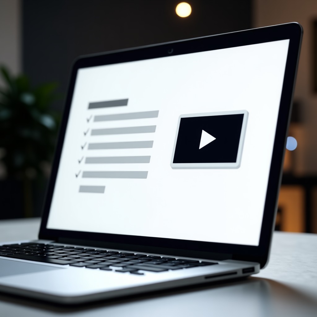 A close up shot of a laptop screen displaying a clean user interface with bulleted summary points next to a video thumbnail. Modern software design, high contrast, soft studio lighting, professional setting, 4:3.