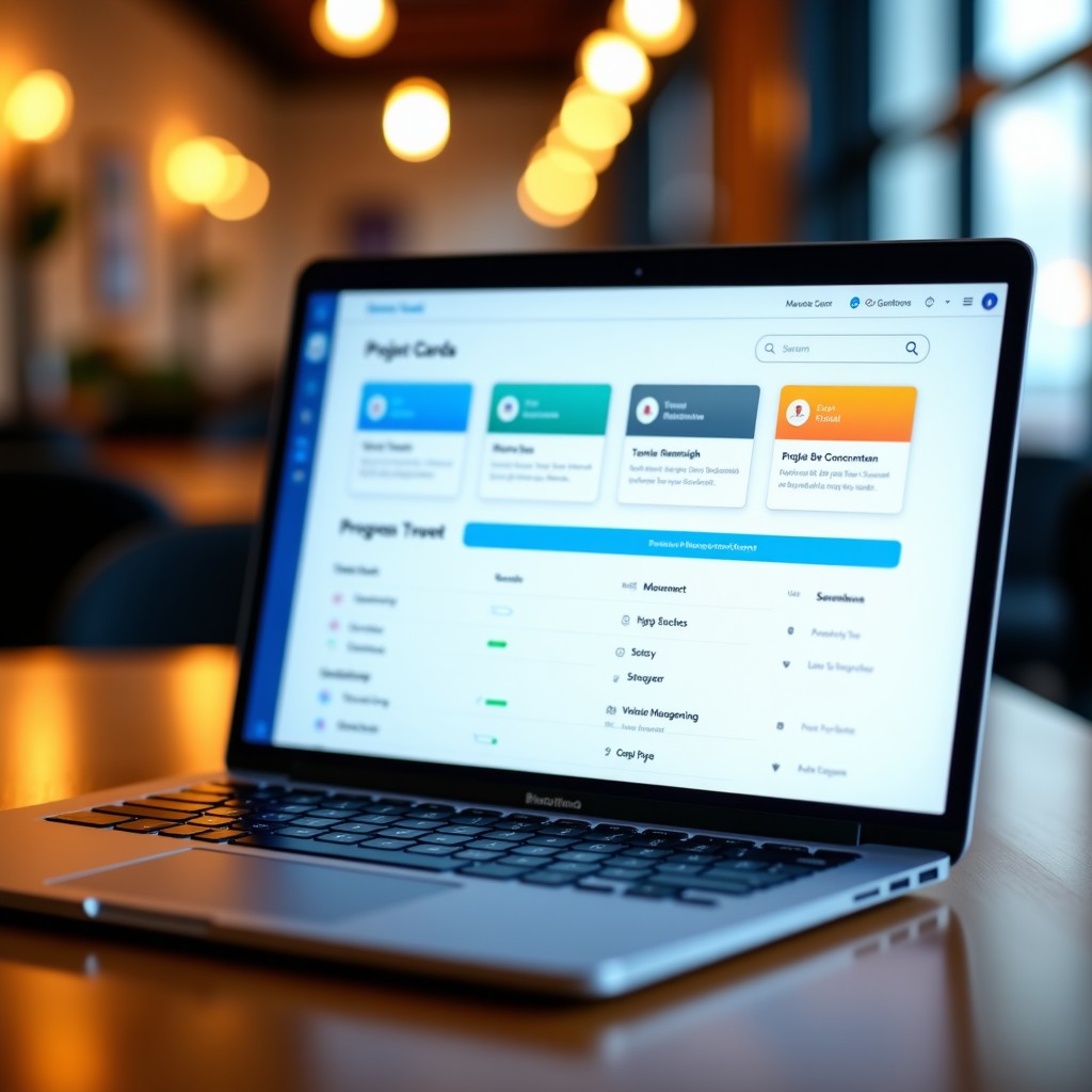 Close-up of a high-end laptop screen displaying a clean and colorful project management dashboard with task cards and progress bars. The background is a blurred modern cafe interior with warm lighting. No text or characters. 4:3
