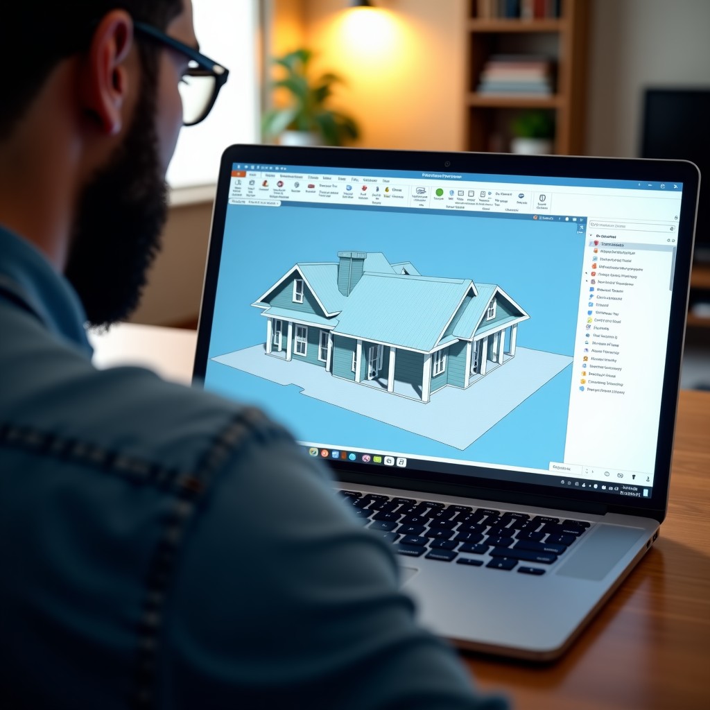 A professional software engineer looking at a laptop screen displaying a digital blueprint map of a house and a grainy camera feed from a robot vacuum, indoor setting, realistic style, 4:3
