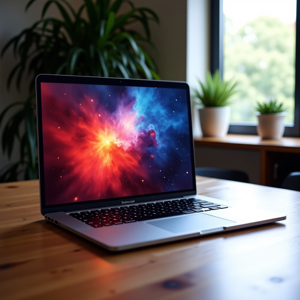 A modern laptop on a wooden desk displaying a vibrant and complex abstract AI generated artwork on its screen with natural lighting. 1:1