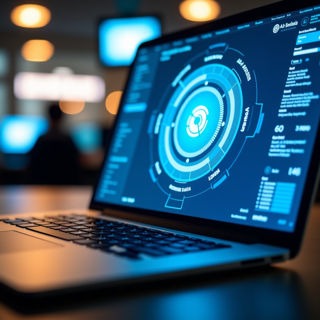 A close up shot of a laptop screen displaying a sophisticated AI detection software scanning digital documents, blue and white interface, glowing edges, realistic office environment, 4:3