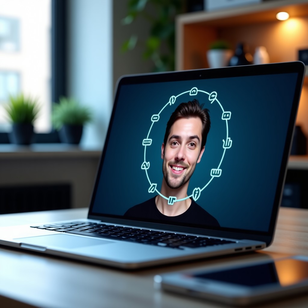 A laptop screen showing a deepfake detection software analyzing facial vectors, high tech interface, office environment, 1:1