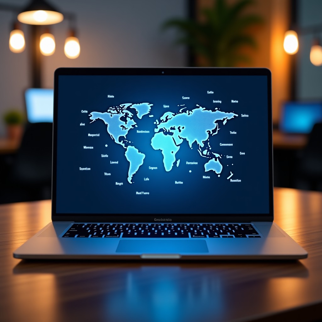 A high-end modern laptop sitting on a wooden desk, the screen displaying a sophisticated neural network visualization with various world language characters floating around it, soft cinematic lighting, professional office environment background, high resolution, 4:3