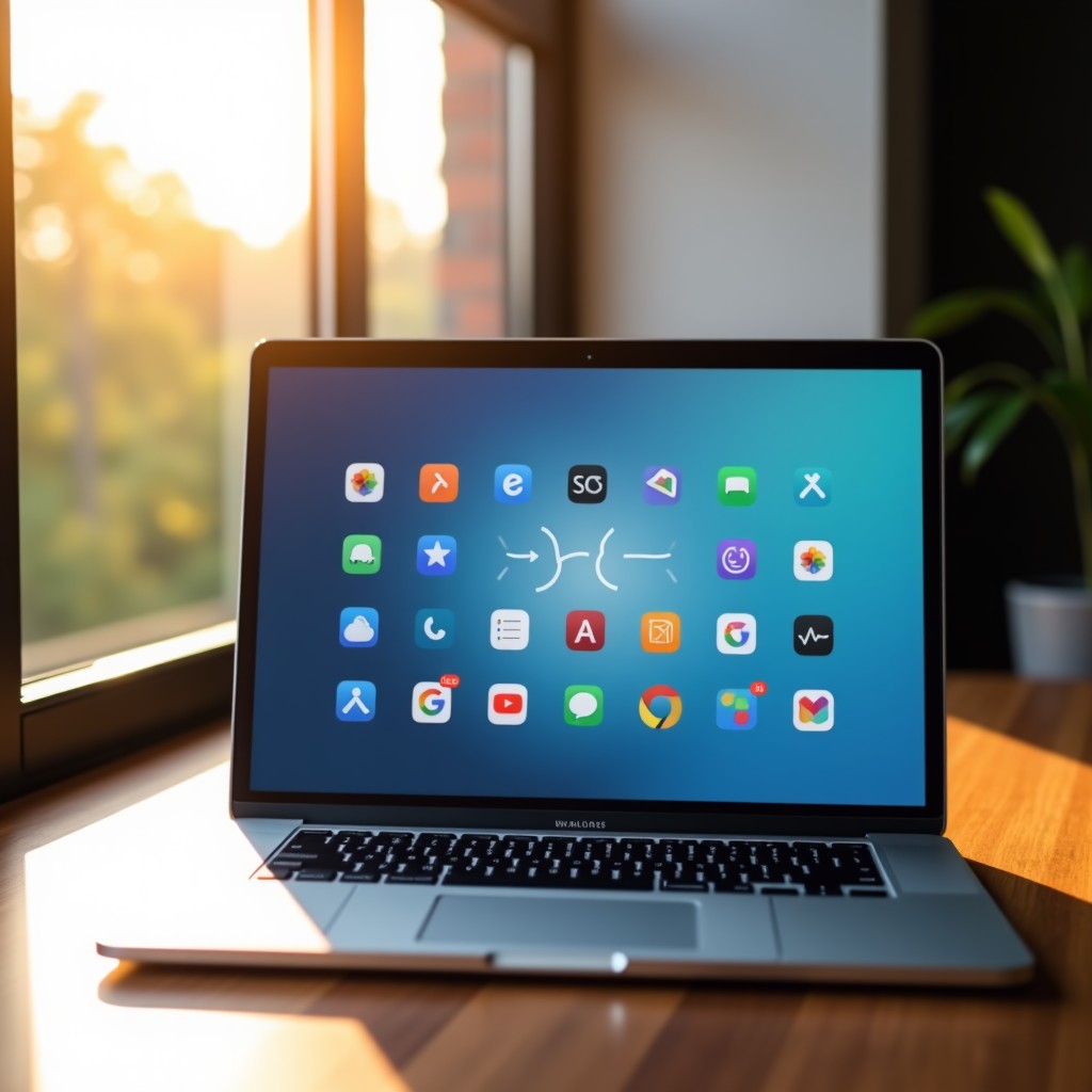 A clean and modern home office setting featuring a laptop screen with various AI application icons, warm natural sunlight through the window, wooden desk, minimalist interior, 4:3