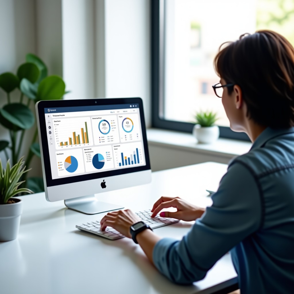 A person working on a laptop at a clean white desk, screen showing various data charts and user settings, minimalist office environment, bright and airy lighting, 4:3