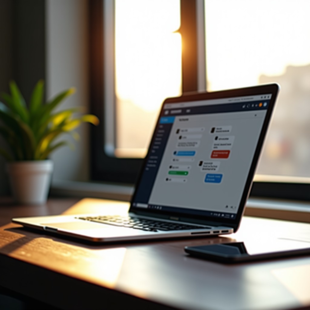 A professional workspace with a laptop showing a chat application, sunlight coming through the window, modern office environment, 4:3