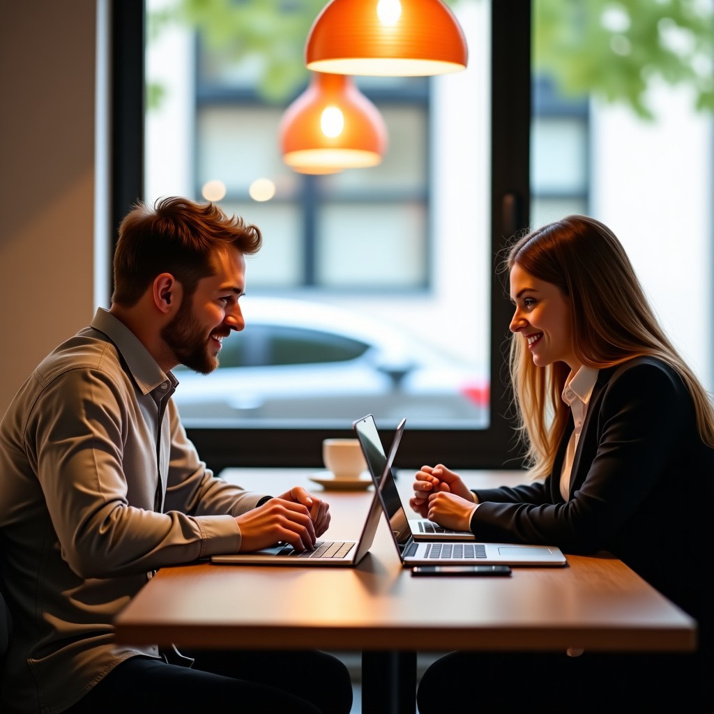 Two professional people sitting in a bright cafe working on laptops and discussing digital files. Modern lifestyle photography, warm and friendly atmosphere, realistic skin tones, high resolution. 4:3