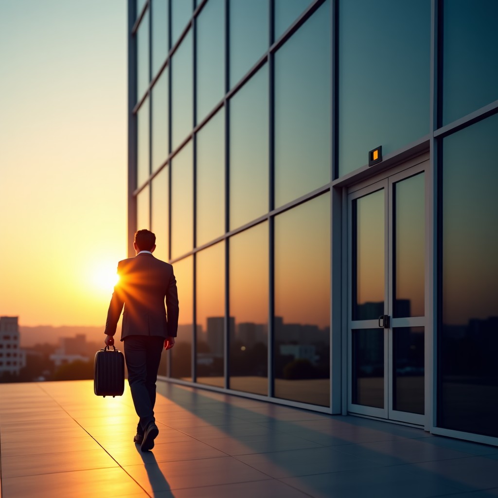 A professional man in business casual attire carrying a laptop bag walks away from a modern glass office building during sunset. Warm lighting reflects off the glass facade. The scene symbolizes a career transition and departure from a tech company. 4:3