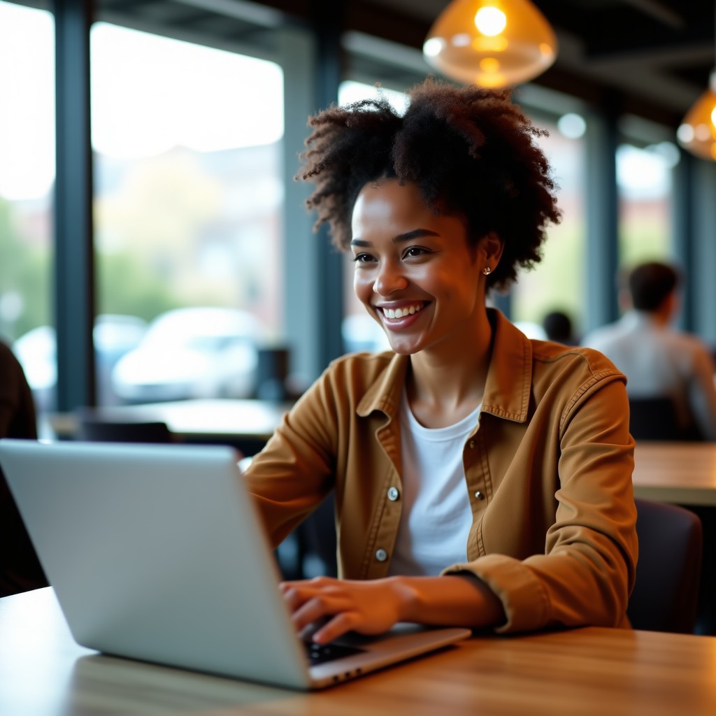 A person sitting in a bright modern cafe using a laptop with a satisfied expression, soft natural lighting, focus on the person and device, high quality photography, 4:3