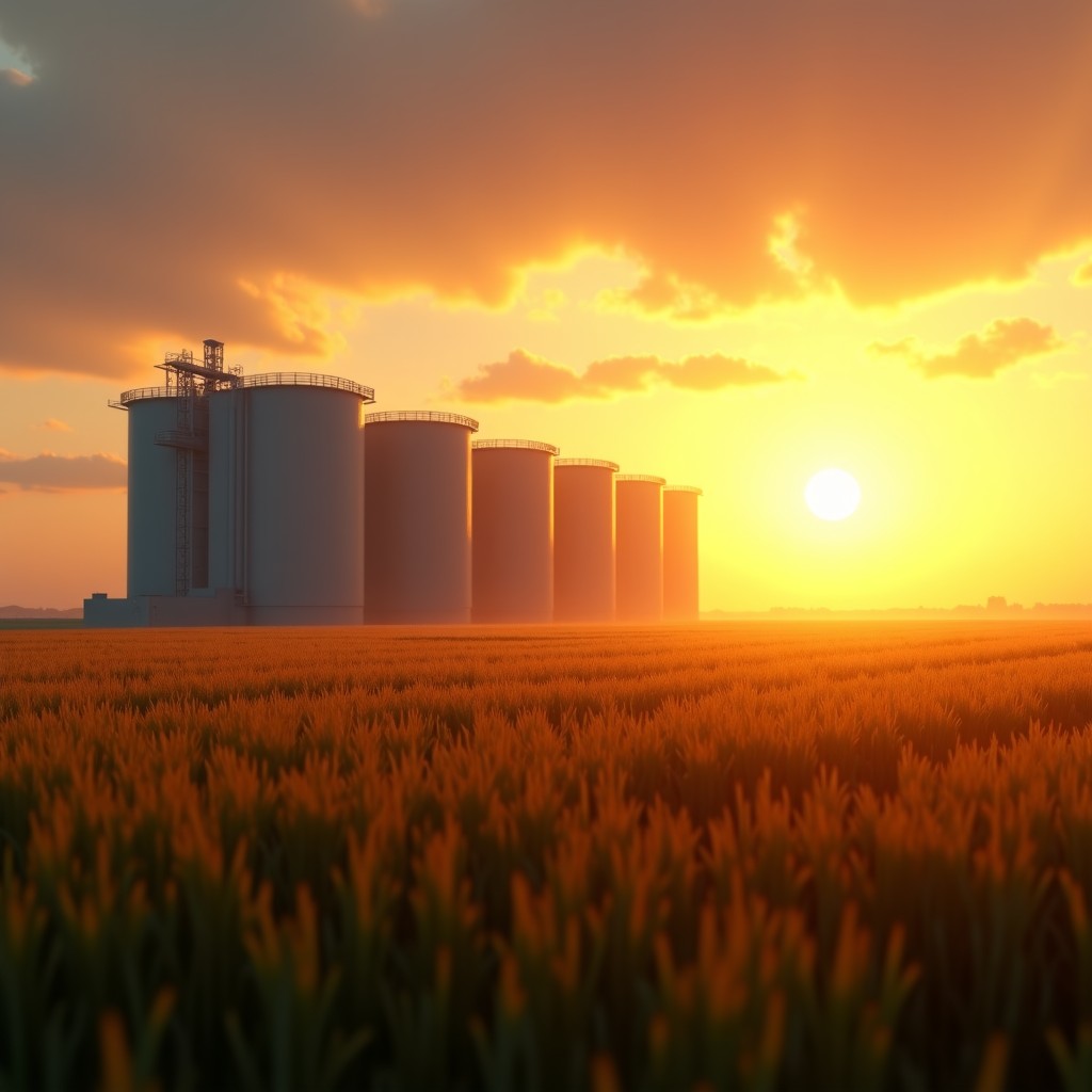 A vast agricultural field with a futuristic and massive data center building silhouette in the background during a golden sunset, cinematic lighting, photorealistic style, high resolution, 4:3