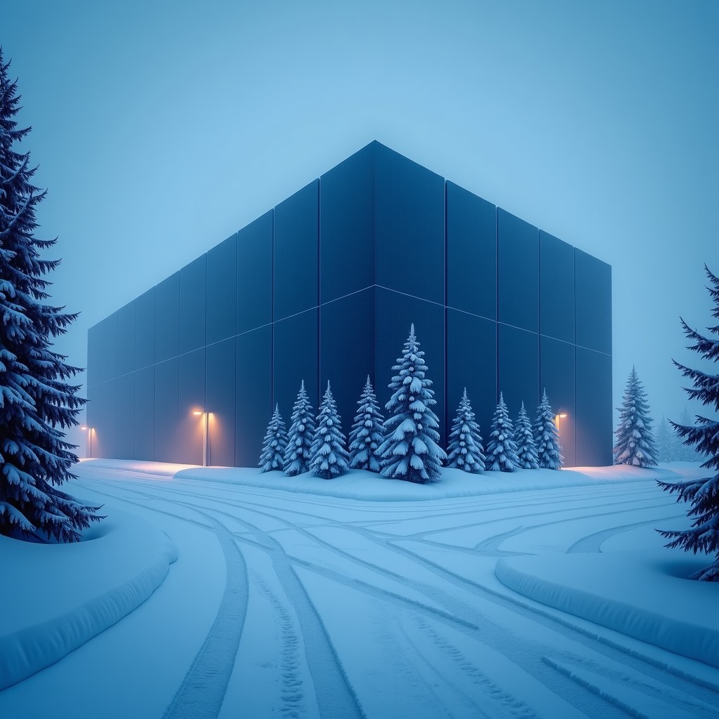 A large modern data center building surrounded by a heavy winter snowstorm, blue and white color palette, cinematic lighting, 4:3
