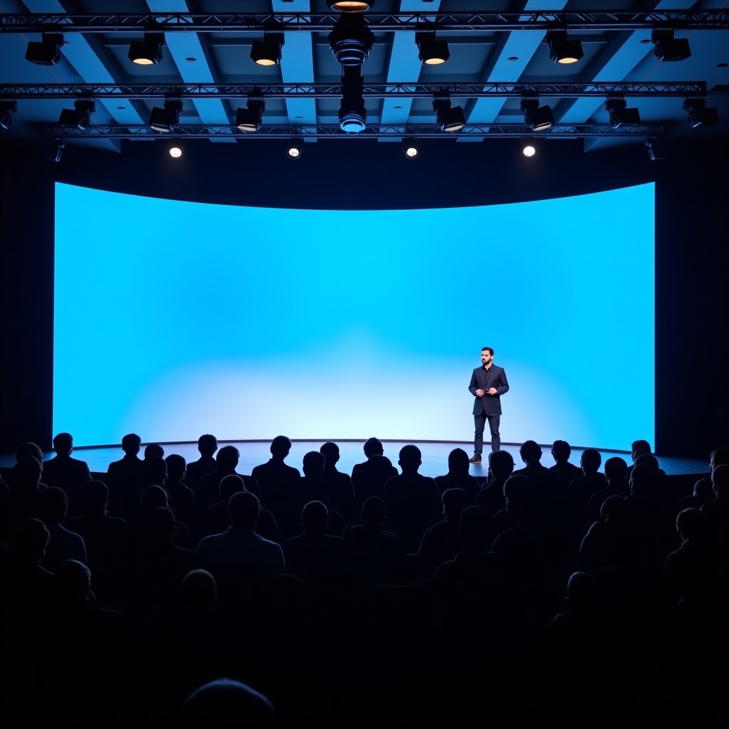 Modern AI conference in New Delhi, high-tech stage, audience watching a presentation about large language models, cinematic lighting, 4:3