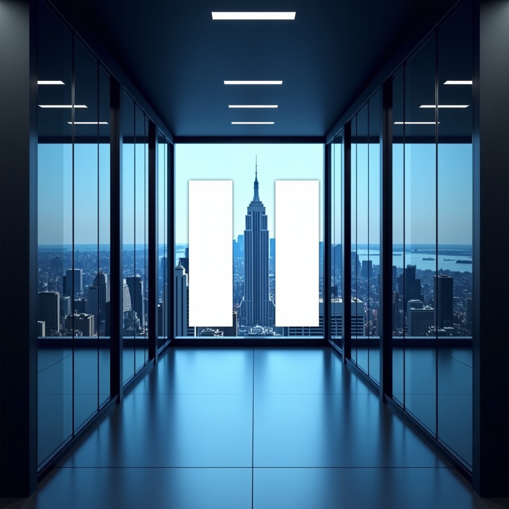 A modern server room with a large pause symbol icon overlay, New York City skyline reflected in the glass panels, sleek and professional atmosphere, 1:1
