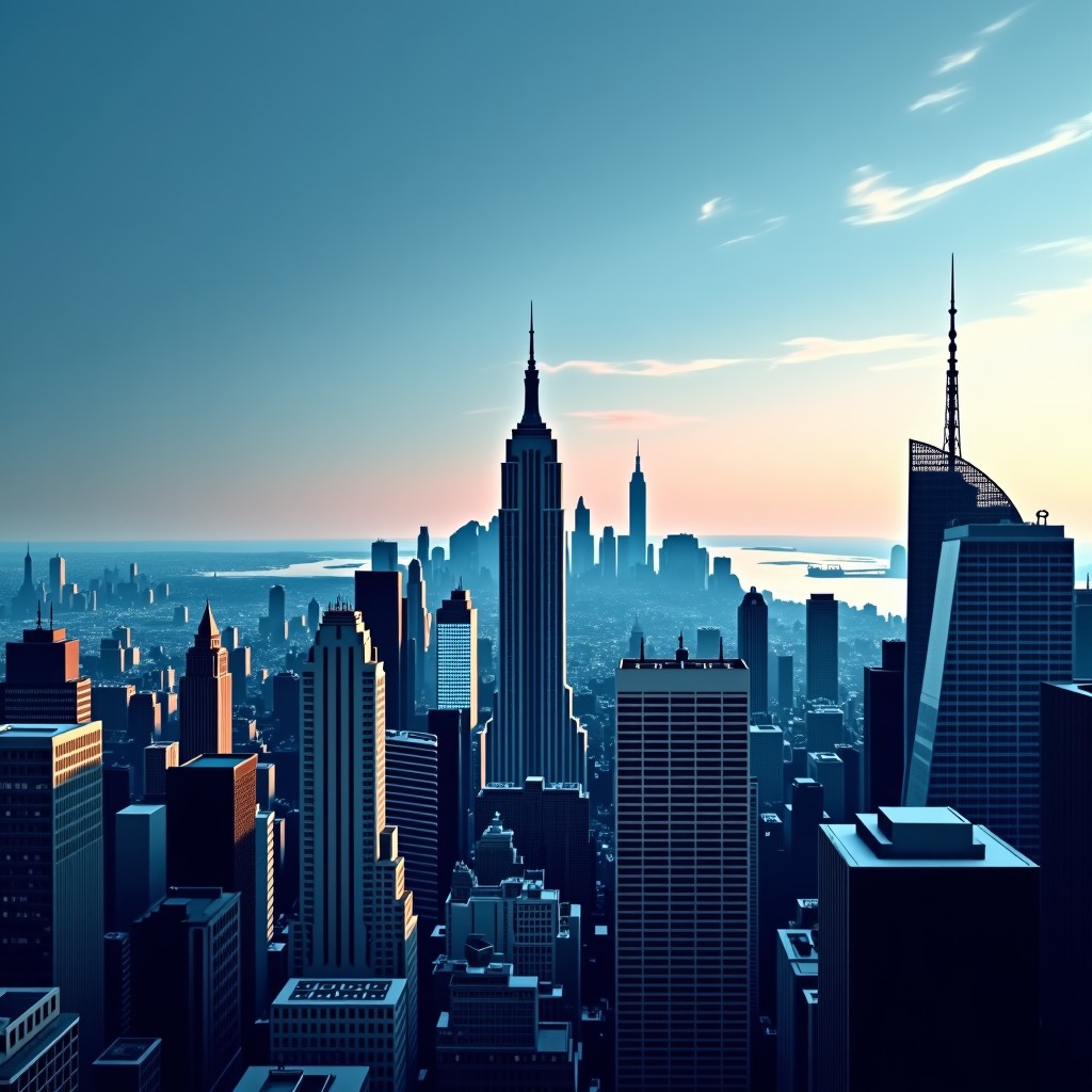 A cinematic view of the New York City skyline with semi-transparent digital law symbols and AI nodes floating in the sky, high contrast, modern layout, 4:3