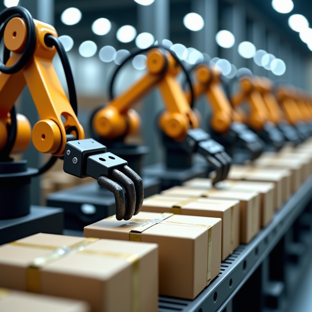 Close up of a multi-armed robotic system with advanced grippers sorting various sized packages in a warehouse. Precise movements, industrial setting, sharp focus, 1:1