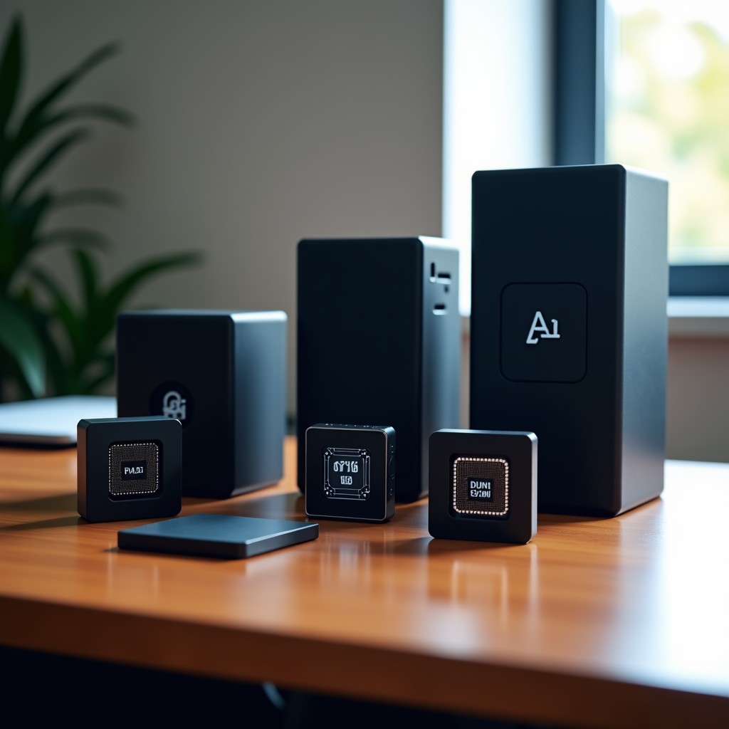 Multiple modern AI processing units and microchips displayed on a professional wooden desk, soft natural lighting, high detail, 4:3