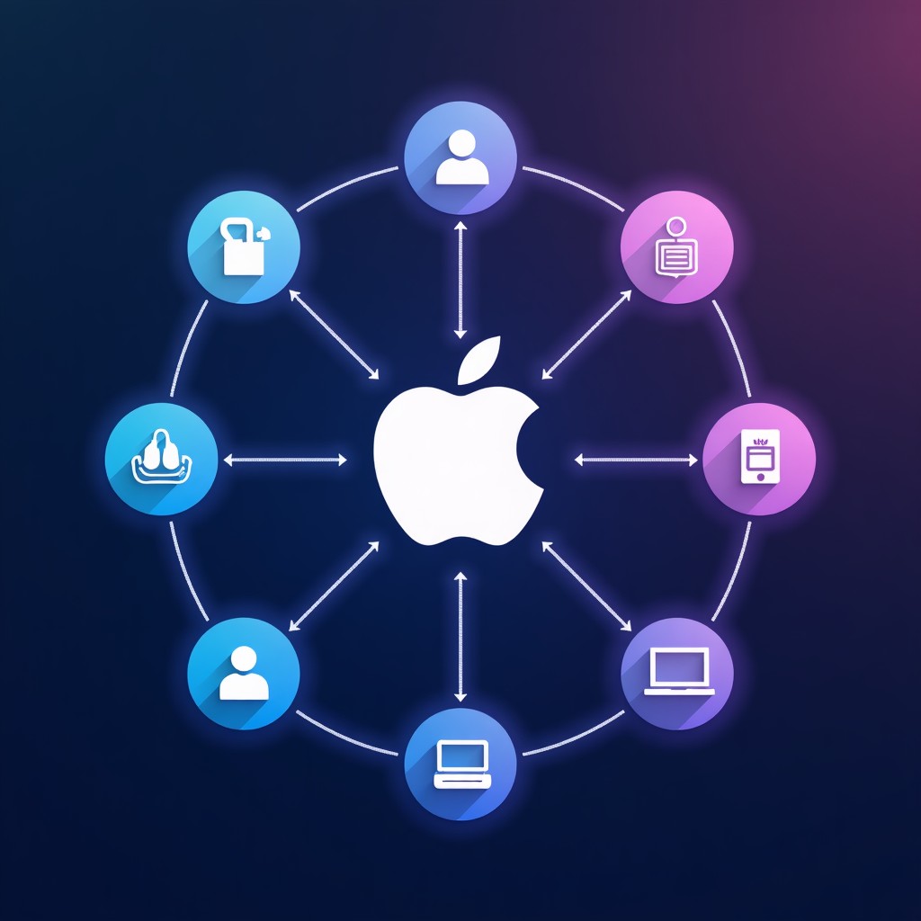 An abstract network diagram showing different AI model icons connecting to a central Apple logo. Digital nodes and lines, clean infographic style, vibrant blue and purple gradients, 4:3