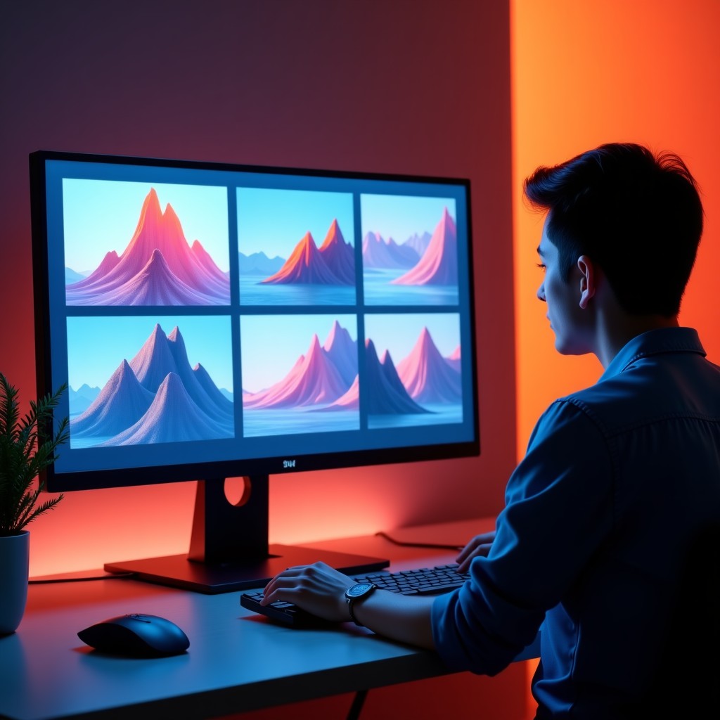 Professional digital artist comparing multiple AI generated images on a sleek computer monitor, artistic studio background, 4:3