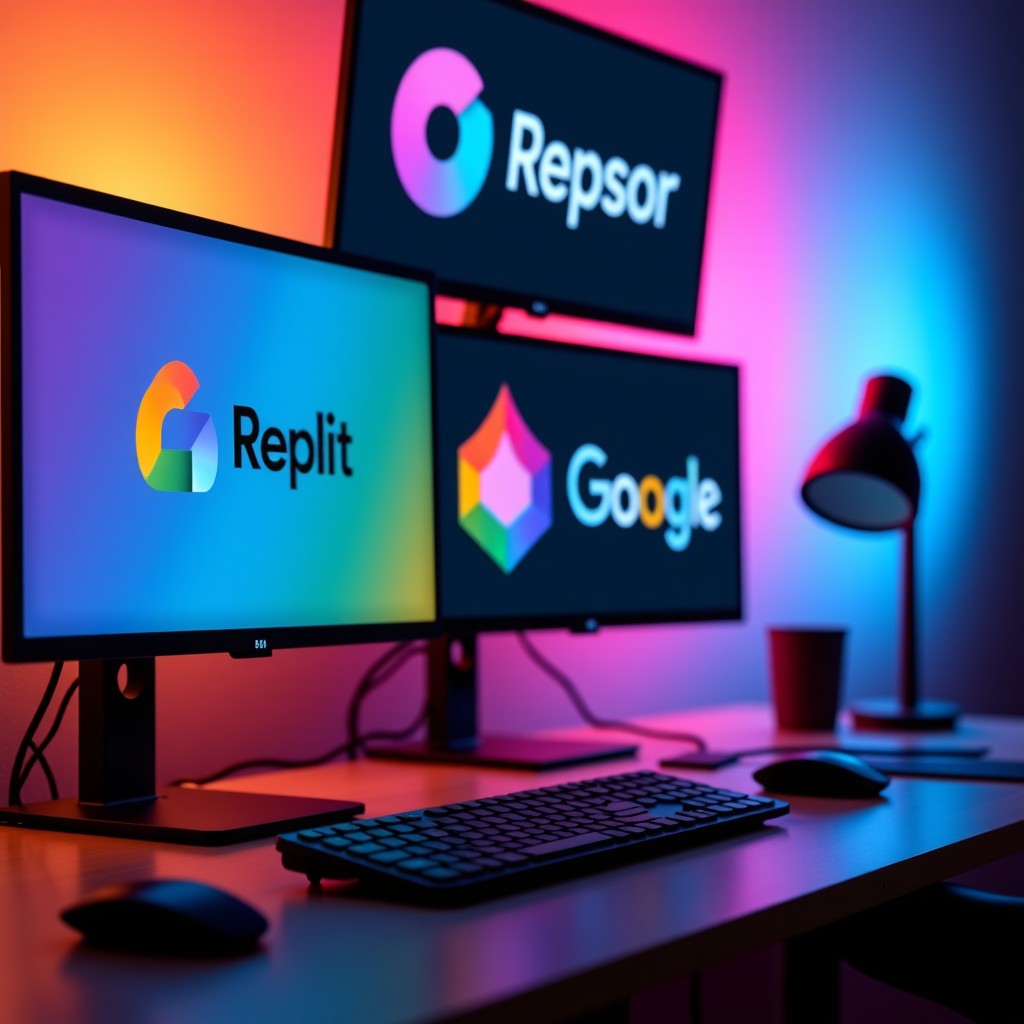 A collage of various AI coding tools like Cursor, Replit, and Google Antigravity logos, displayed on multiple high-tech monitors, vibrant colors, professional workspace setting, 4:3