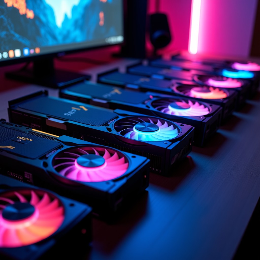 A collection of high-end GPU graphics cards arranged in a professional tech environment, glowing LED accents, high detail, 4:3