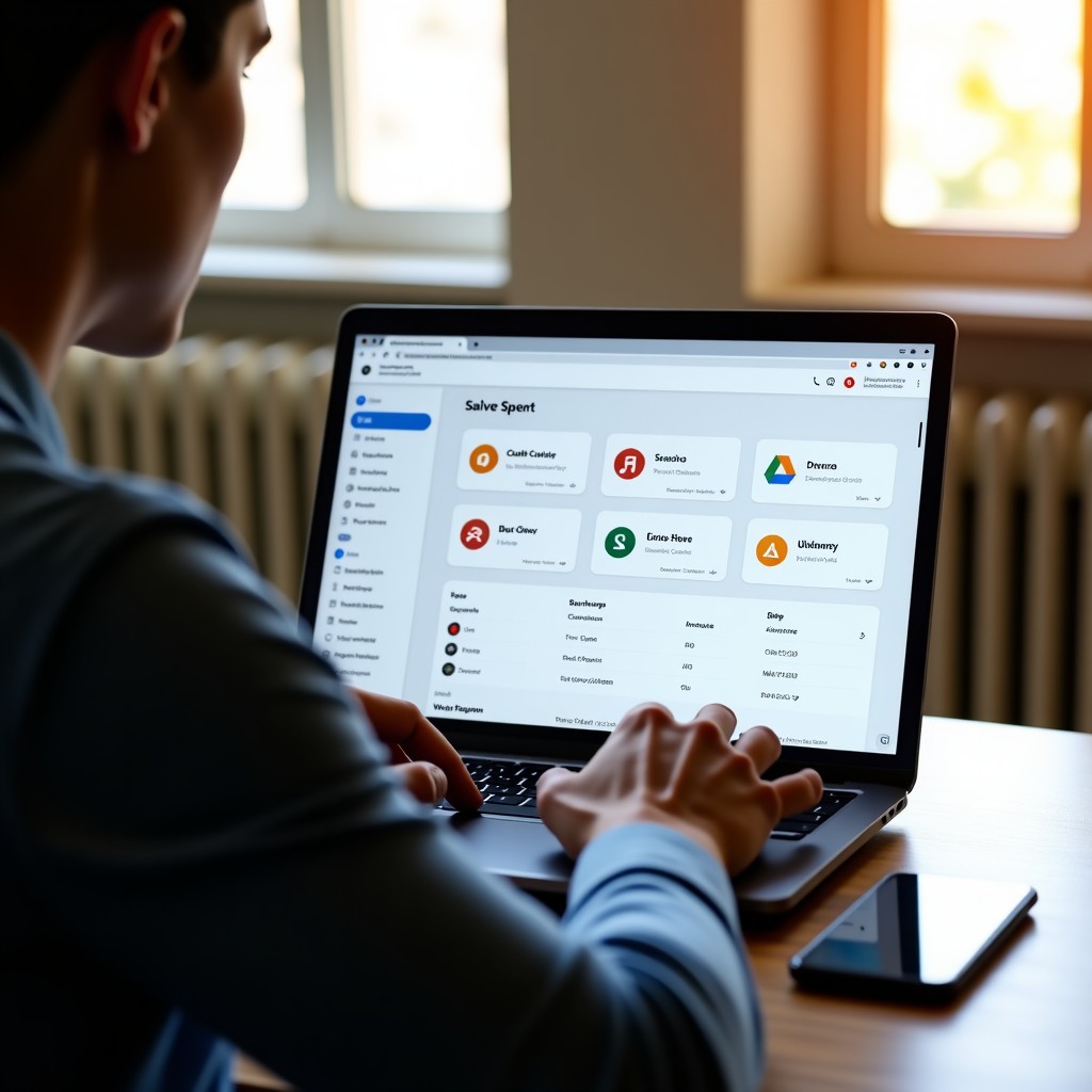 A professional office setting with a person using a laptop, screen showing a clean dashboard with various SaaS icons like Slack, Jira, and Drive being integrated into one system. Warm natural lighting, 4:3