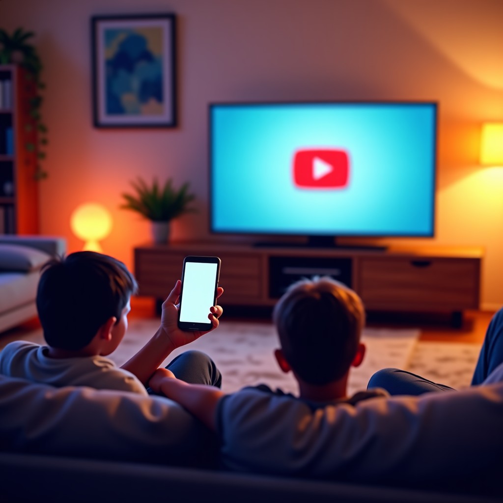 A cozy living room where a family is watching YouTube on a large smart TV and a person is browsing YouTube on a smartphone, warm and inviting atmosphere, 4:3