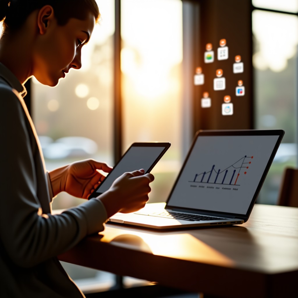 A clean and bright lifestyle shot of a person using a tablet and a laptop in a cafe, icons of various productivity apps floating subtly in the background, warm morning light, cinematic lighting. 4:3