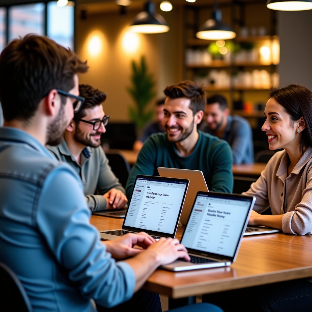 Lifestyle photography of a diverse group of people in a modern cafe looking at their laptops and smartphones, each screen showing a different layout of the same brand website, warm lighting, natural setting, 4:3