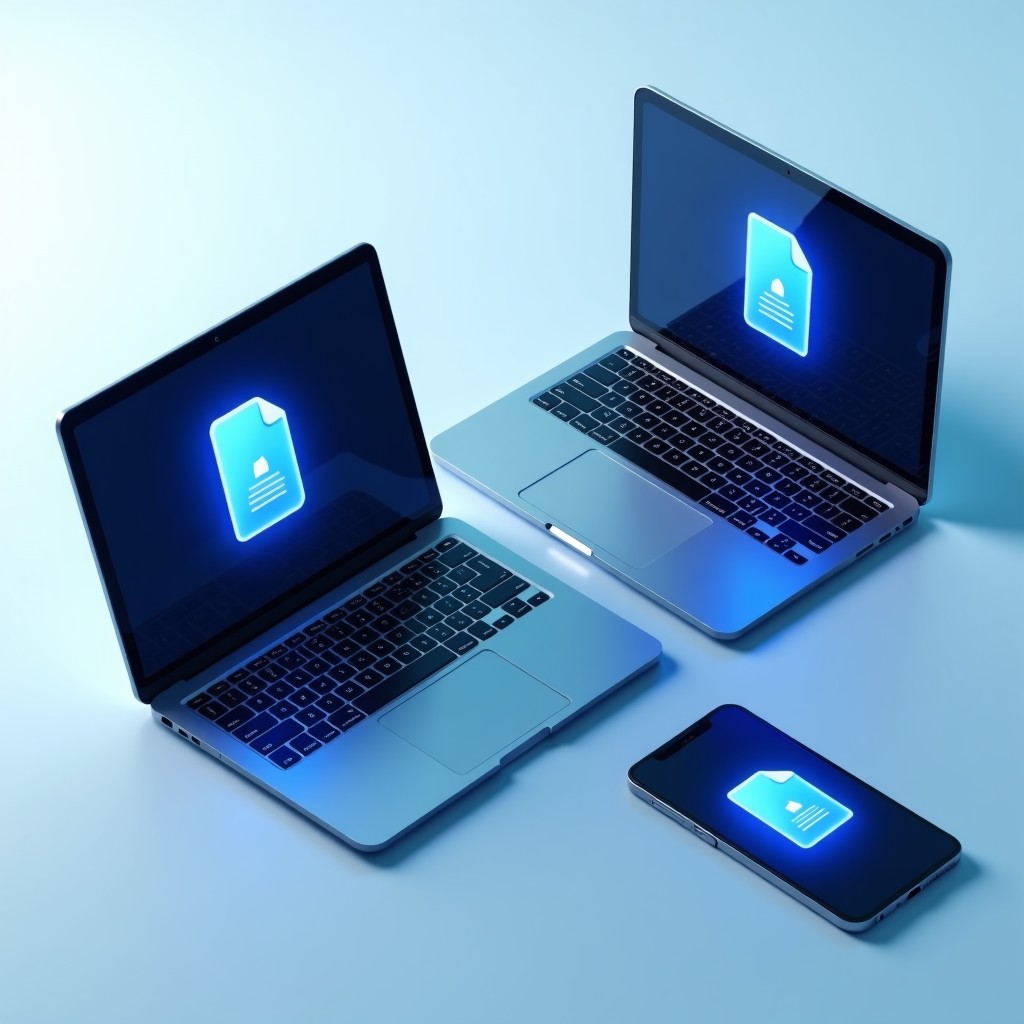 A flat lay composition showing a smartphone, a tablet, and a laptop all displaying a file syncing animation. Modern tech aesthetic, clean blue and white tones, soft shadows, professional lighting. 4:3