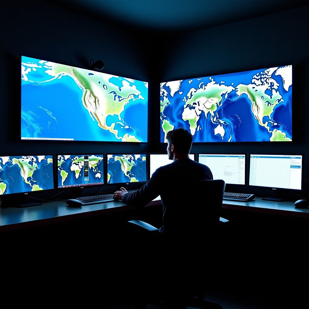A professional workstation with multiple monitors displaying complex weather radar maps and satellite data charts. Dark room with glowing screens, tech-focused atmosphere, 4:3