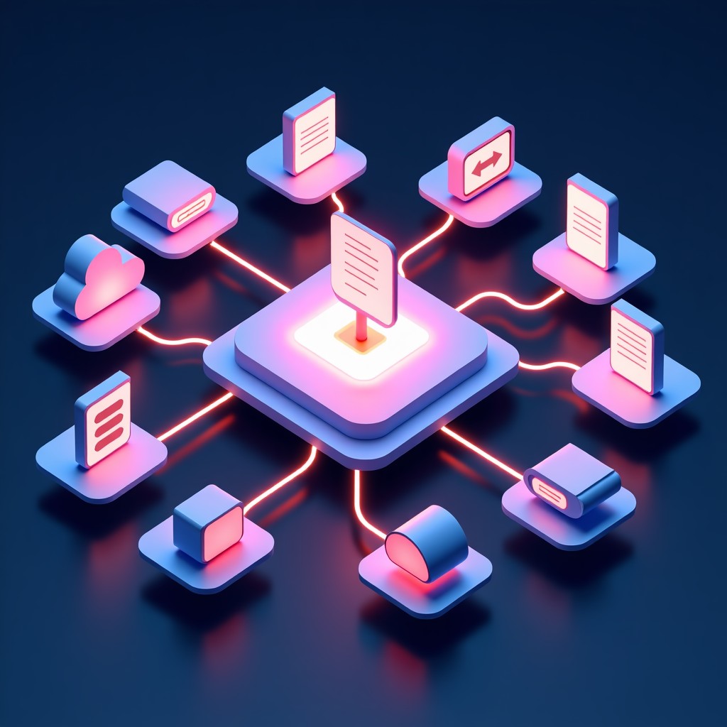 A conceptual illustration of an AI core connecting various enterprise icons like email, documents, and cloud services. Vibrant light paths representing data flow between nodes. Modern flat design elements mixed with 3D depth, professional tech aesthetic. 4:3