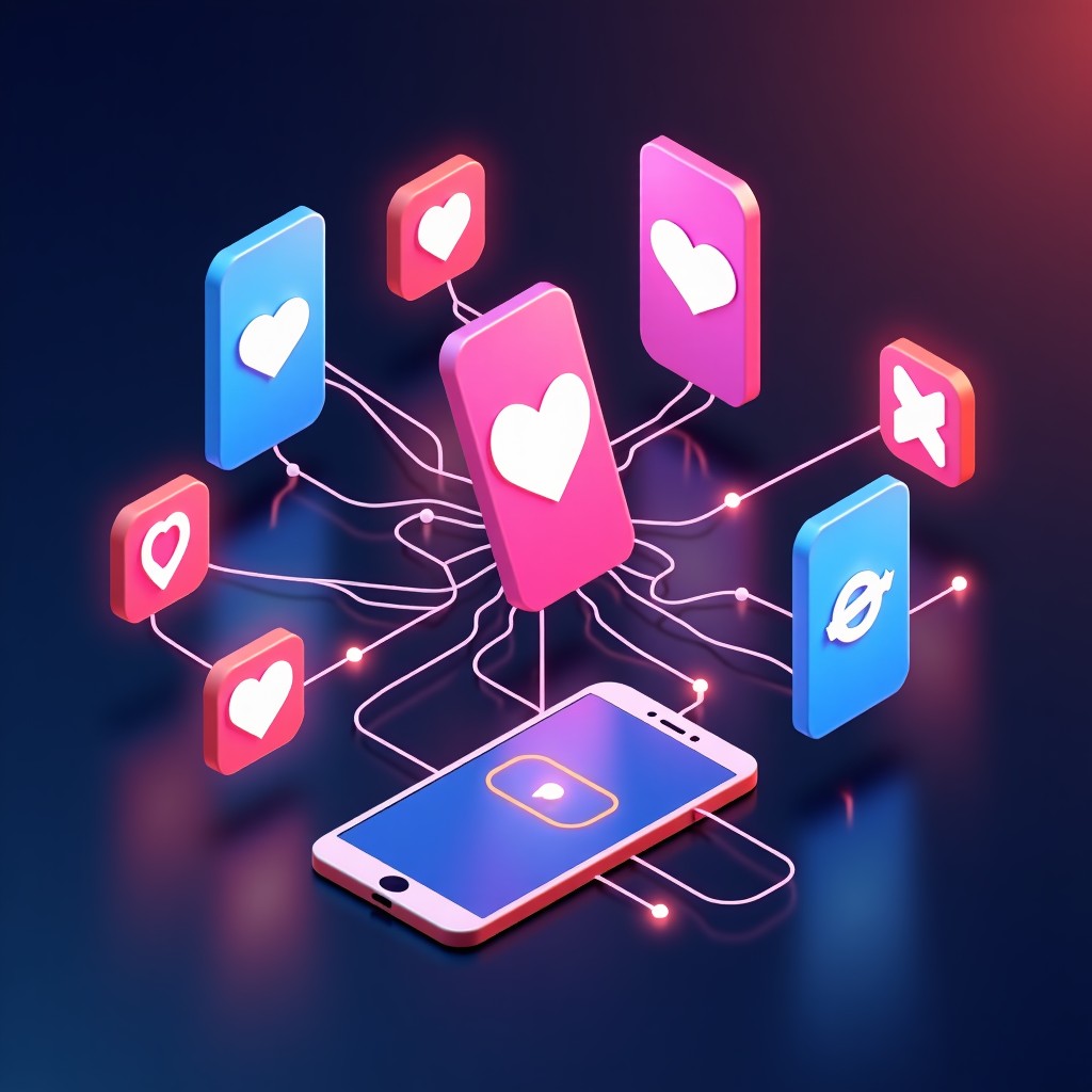 A conceptual illustration showing multiple smartphone icons representing different dating apps surrounded by glowing AI neural network lines. Tech-focused design, vibrant colors, 4:3