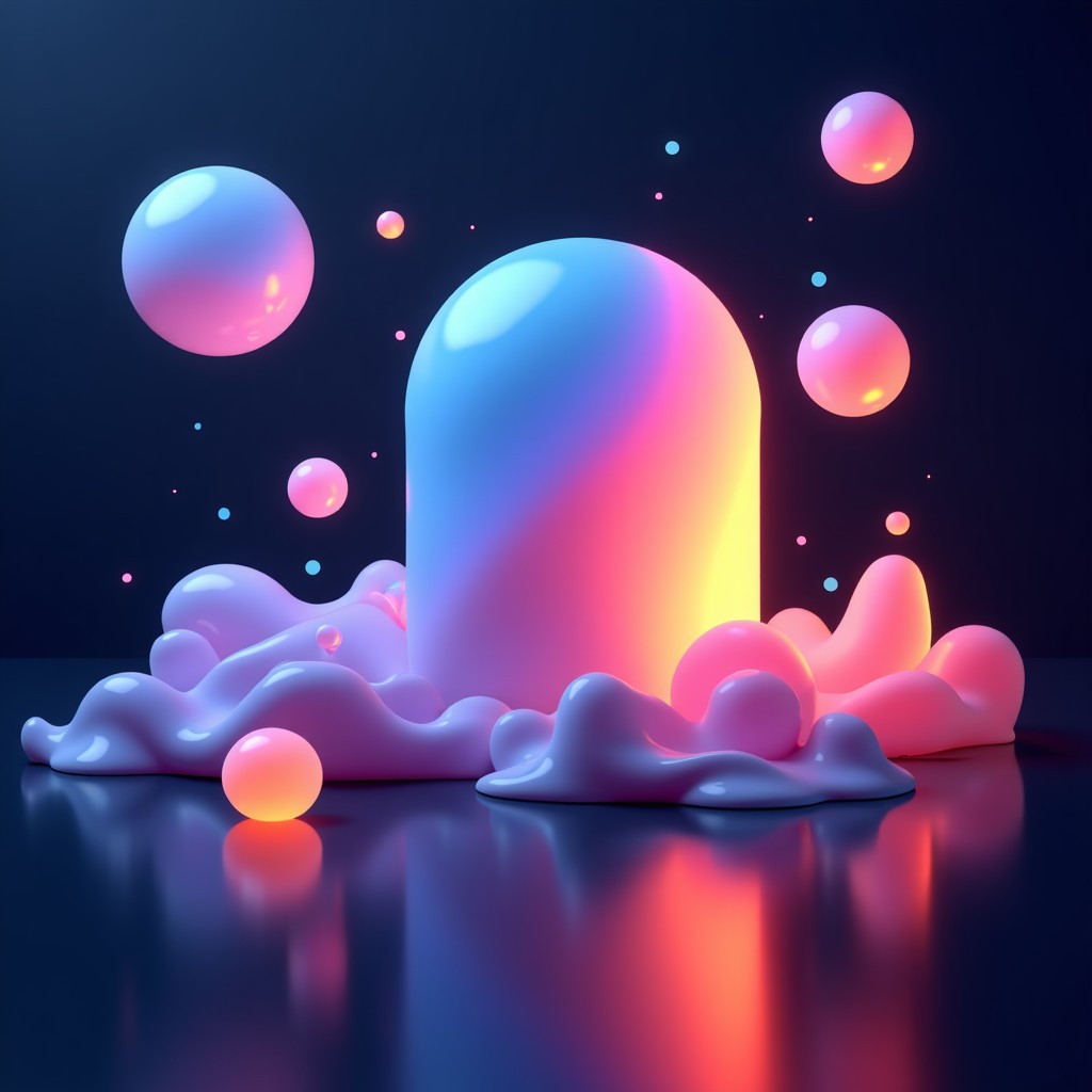 An abstract creative composition featuring various colorful UI design elements floating in a dynamic space. Modern glassmorphism style with glowing gradients and soft shadows. High contrast and clean layout. 4:3