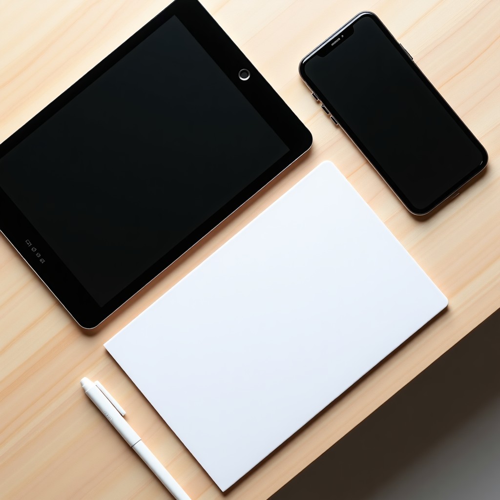 A clean top-down view of a designer's desk with a tablet, a smartphone, and a notebook. The smartphone screen shows a social media sharing interface. Minimalist style, bright and airy lighting, wooden texture background. 4:3