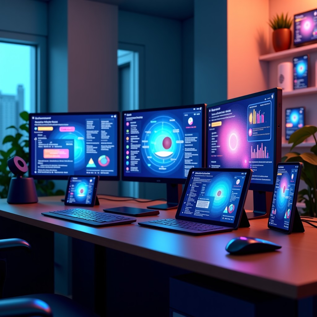 A creative workspace with multiple tablet devices and monitors showing colorful data visualizations and AI interface, modern lighting, realistic texture, professional setup, 4:3