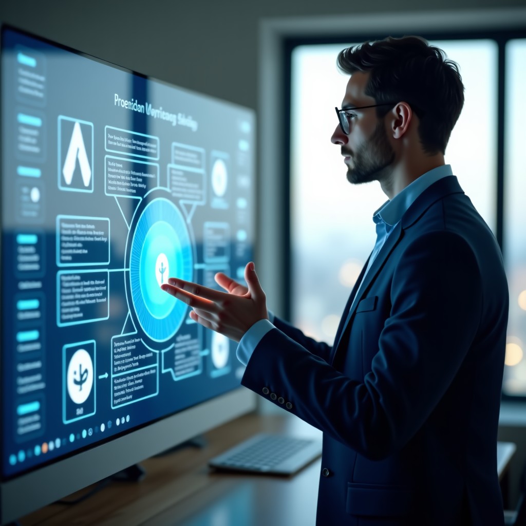 A professional person interacting with a holographic interface showing various AI service logos and performance graphs, modern office setting, soft natural lighting, 4:3