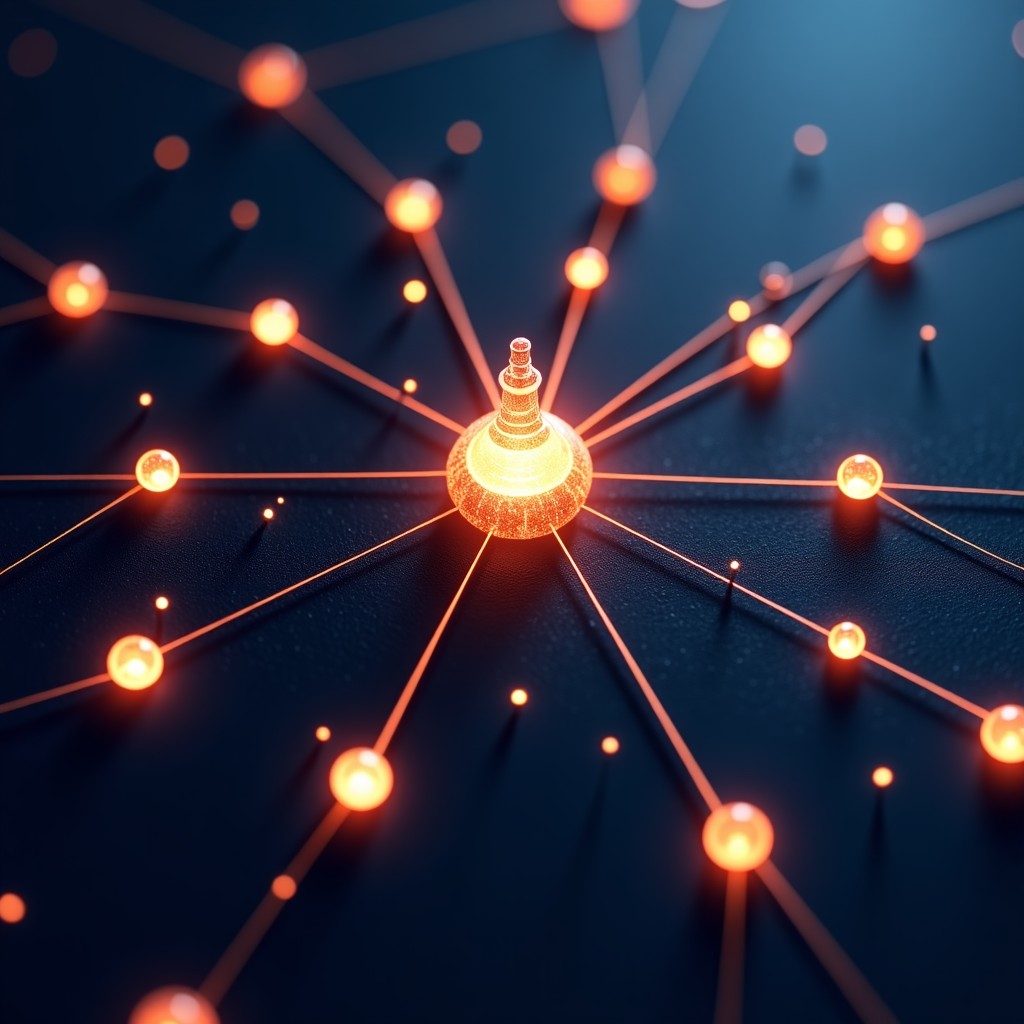 A complex web of digital connections representing various online services like travel and finance being managed by a central AI core, glowing lines on a dark textured background, abstract digital art, 4:3