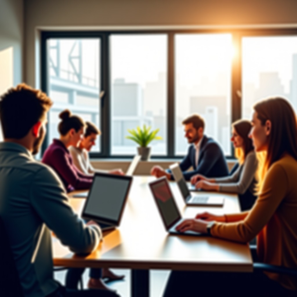 A diverse group of young professionals sitting around a conference table in a bright office, working on laptops and discussing project tasks. Warm natural lighting. No text. 4:3